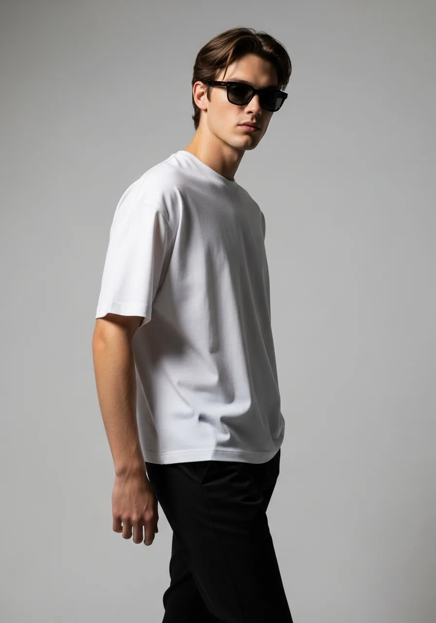 The oversized boxy t-shirt worn — a blank made to order in Lahore, Pakistan