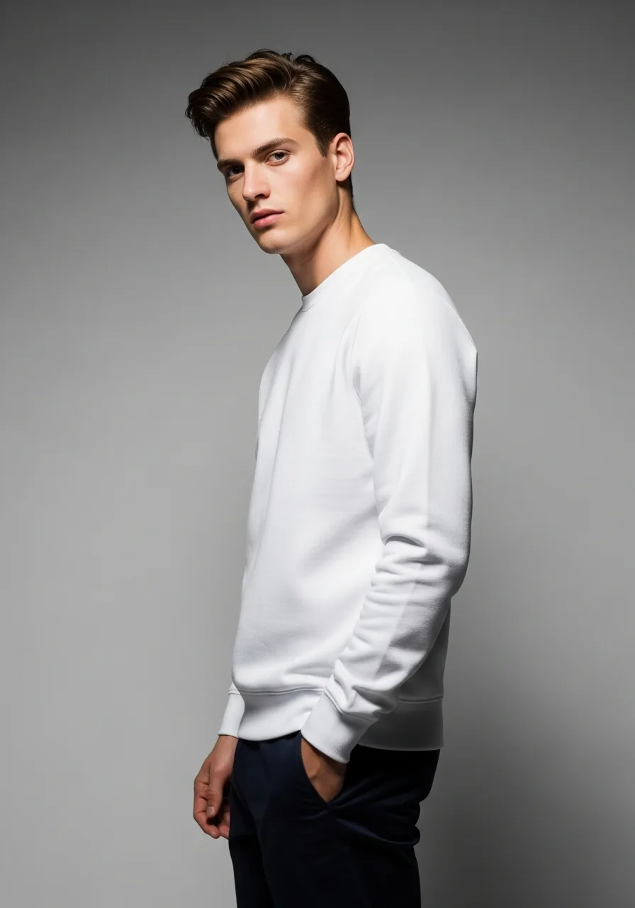 The crewneck sweatshirt worn — a blank made to order in Lahore, Pakistan