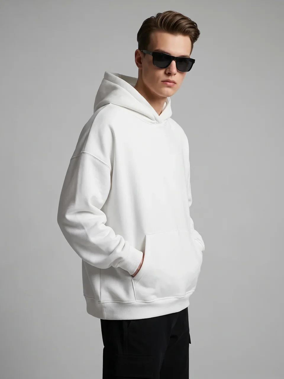 The oversized hoodie worn — a blank made to order in Lahore, Pakistan