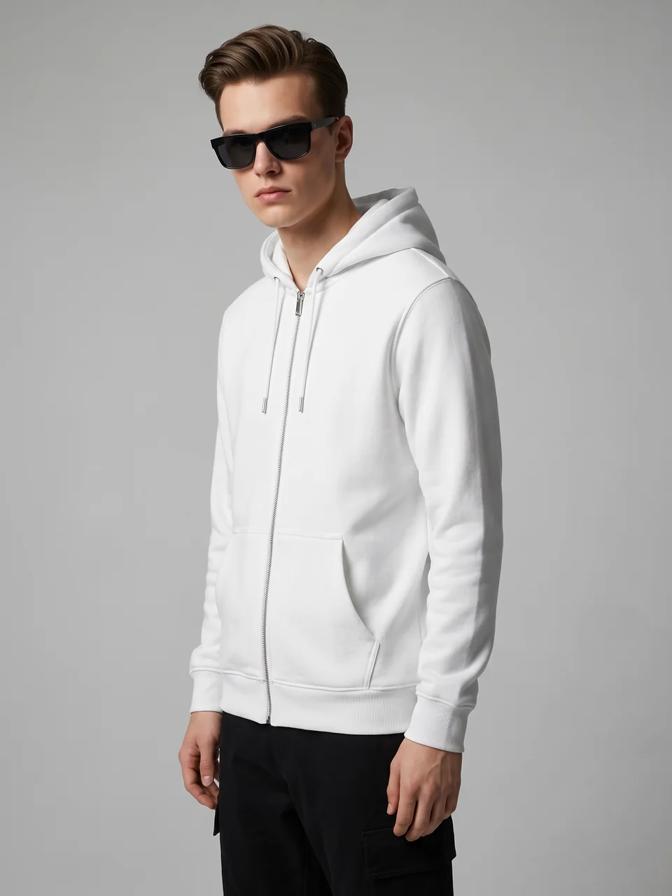 The zip hoodie worn — a blank made to order in Lahore, Pakistan