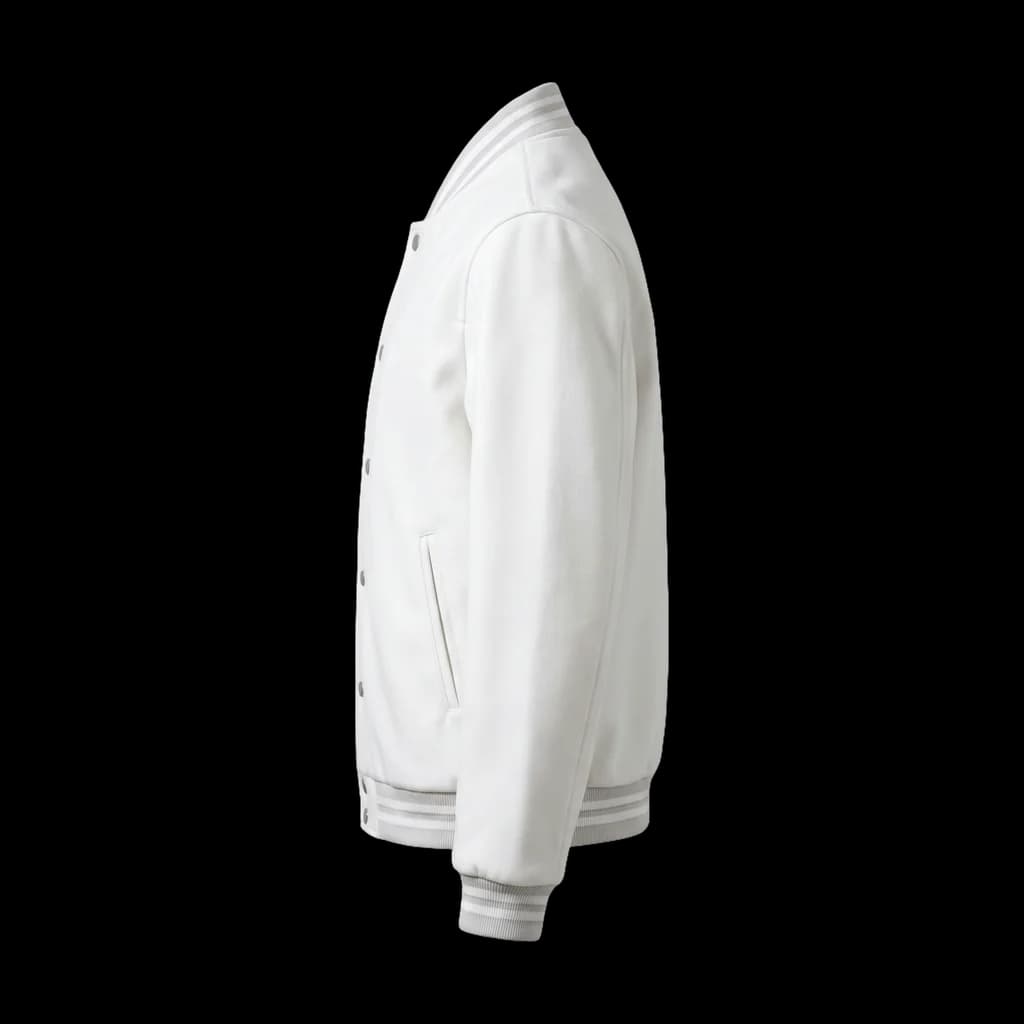 Blank varsity bomber jacket, left side view
