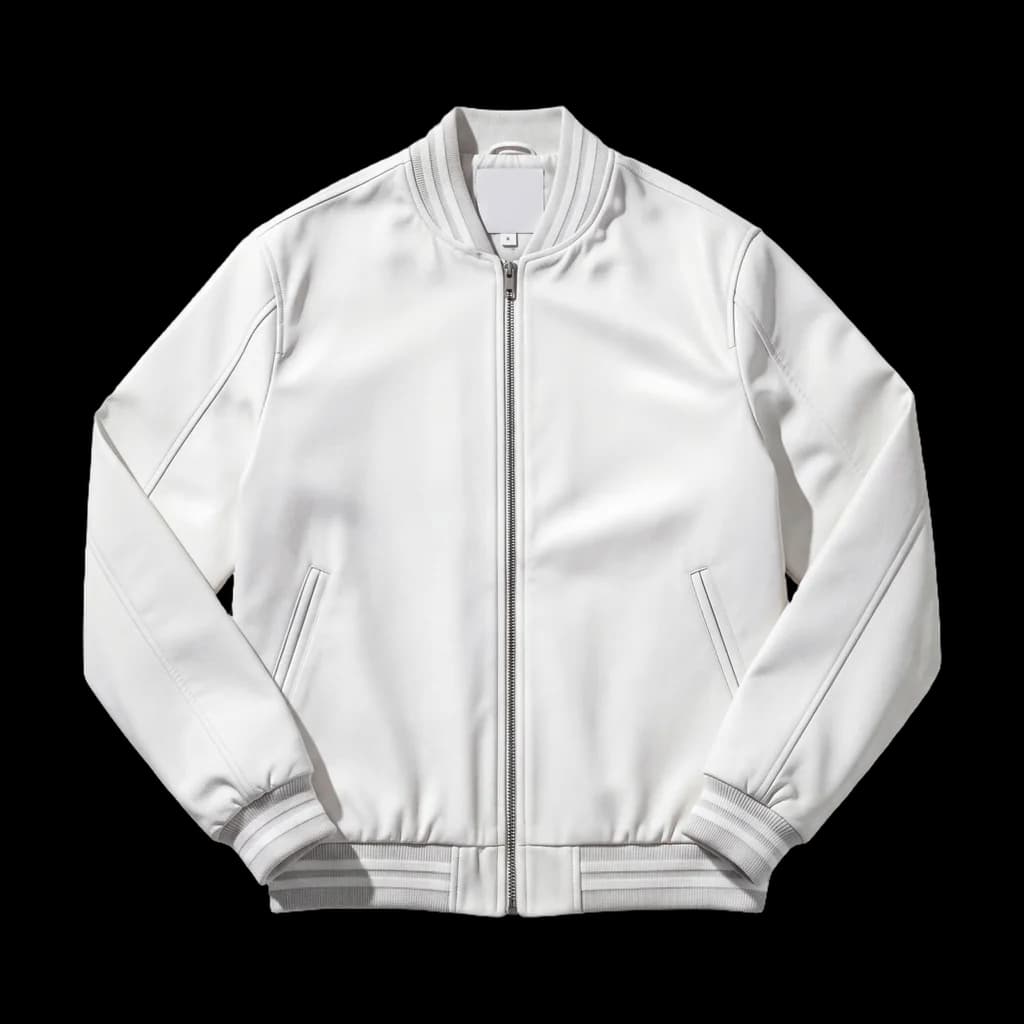 Blank zip-front varsity jacket, front view