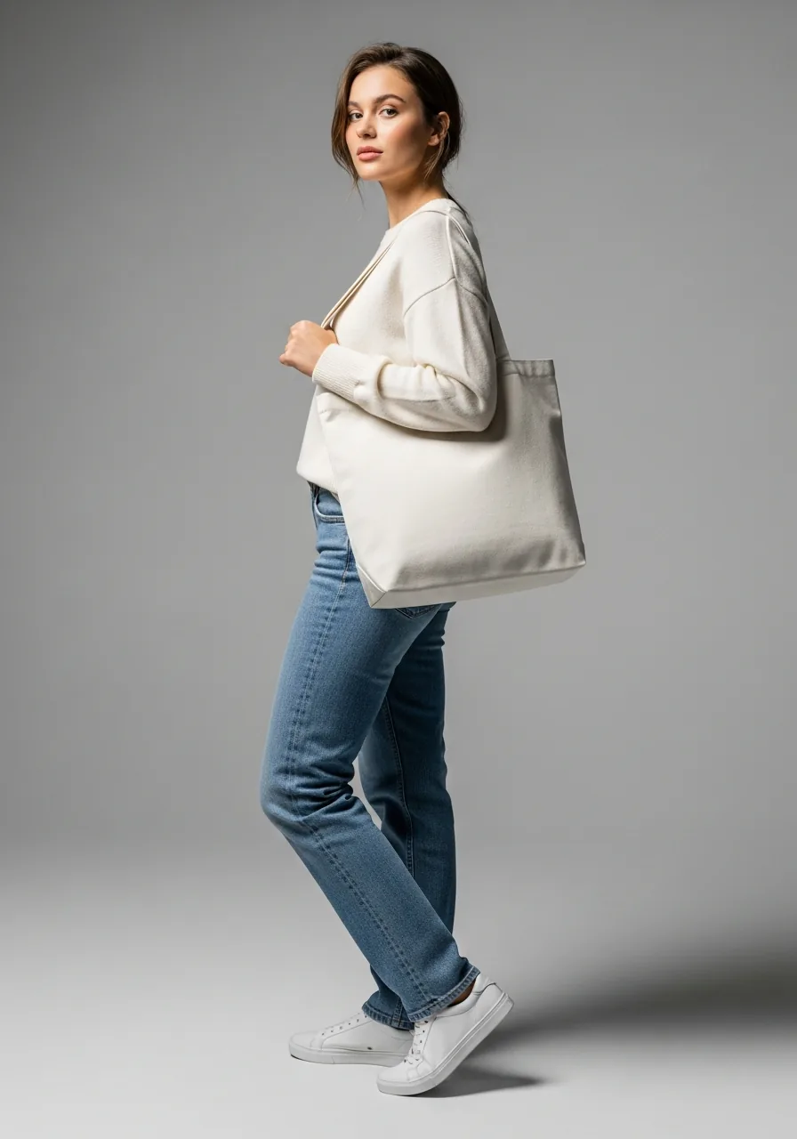 The tote bag worn — a blank made to order in Lahore, Pakistan